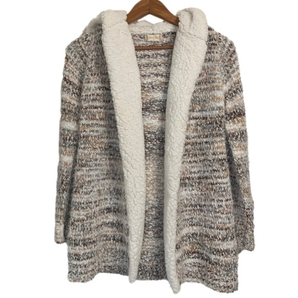 ALTAR’D State Eyelash Chenille Sherpa brown & cream hooded open Cardigan sweater - Picture 1 of 7